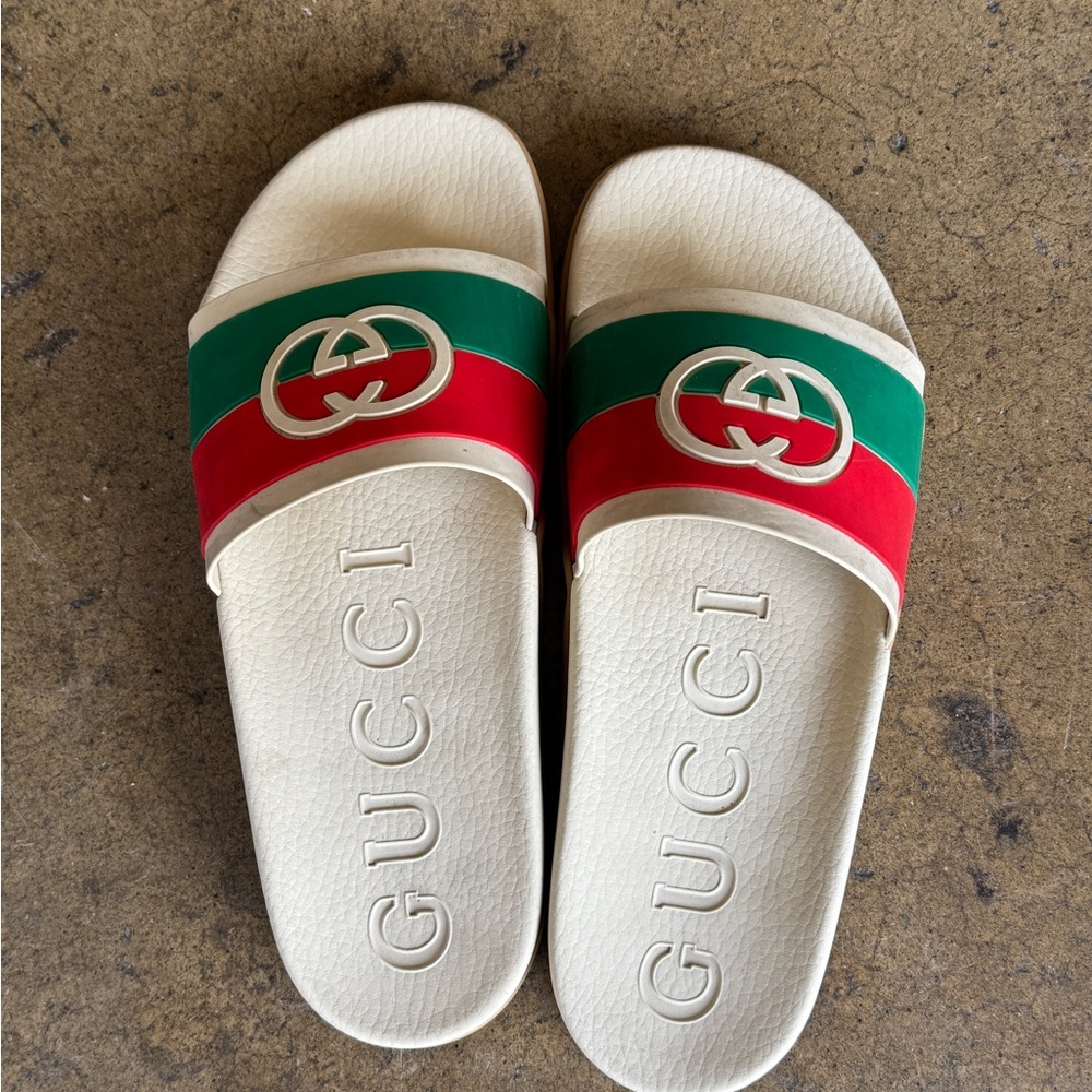 Gucci White Slides with Red and Green Stripes Size 10 M!